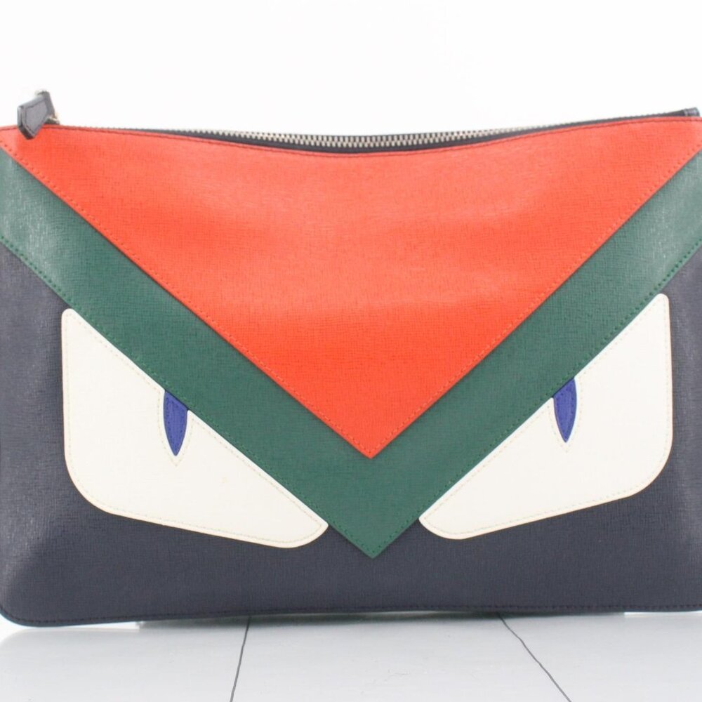 Fendi Monster Eyes Leather Zip Pouch Clutch Made in Italy